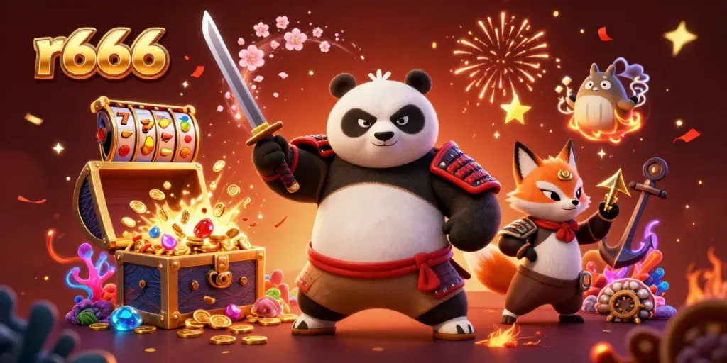 Experience the excitement of r666 casino with a dynamic samurai panda and friends celebrating wins!