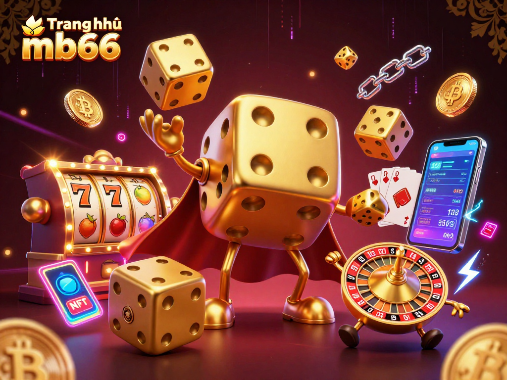 Experience excitement at Trang chủ mb66 with golden dice, slot reels, and crypto coins in a vibrant scene.