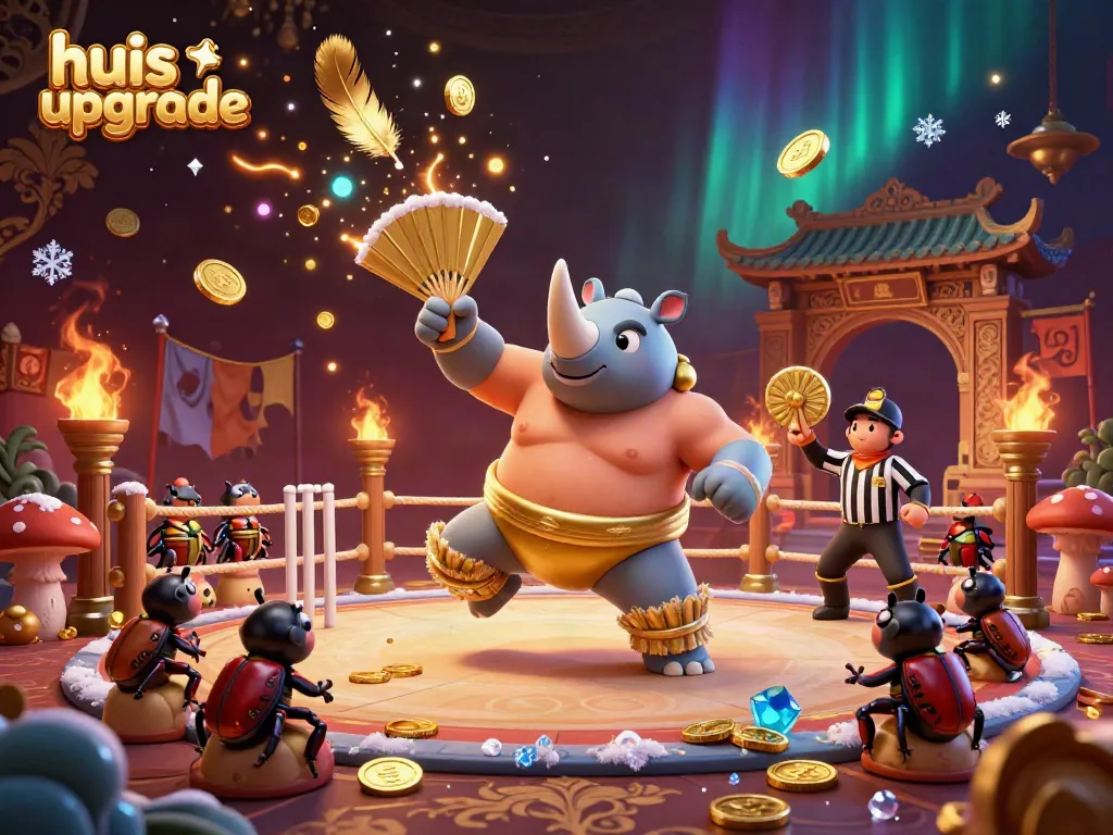 Engaging illustration of a rhinoceros beetle sumo champion in a casino, showcasing a dynamic huis upgrade scene.