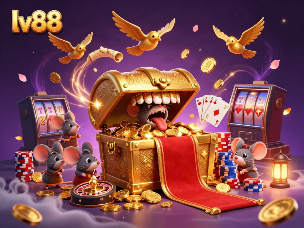 Experience the thrill of lv88's online gaming with a colorful casino scene featuring treasure chests and dynamic gaming elements.