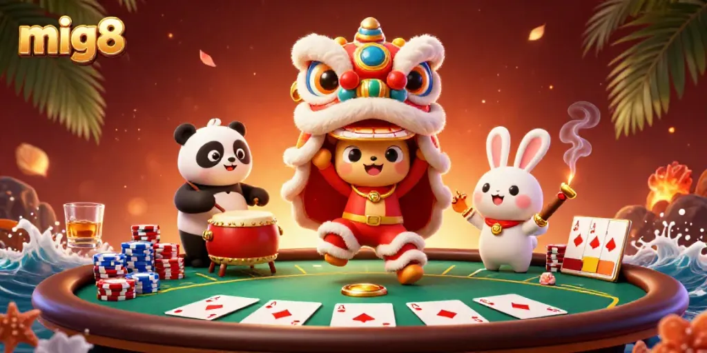Experience the festive spirit of mig8 with a vibrant casino scene featuring lively characters and poker elements.
