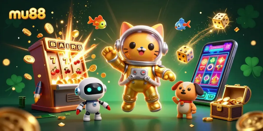 Spin the mu88 slots while exploring an exciting cosmic casino adventure with a golden cat and robot dog.