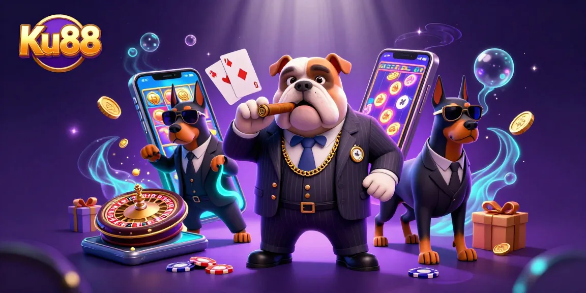 Experience the thrill of Ku88 in this vibrant casino-themed illustration featuring exciting games and rich characters.
