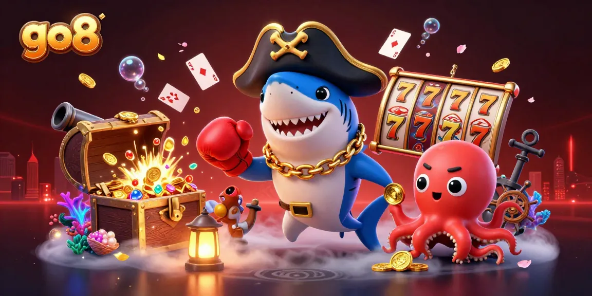 Experience big wins at go8 with a lively scene featuring cartoon characters and slot gaming elements.