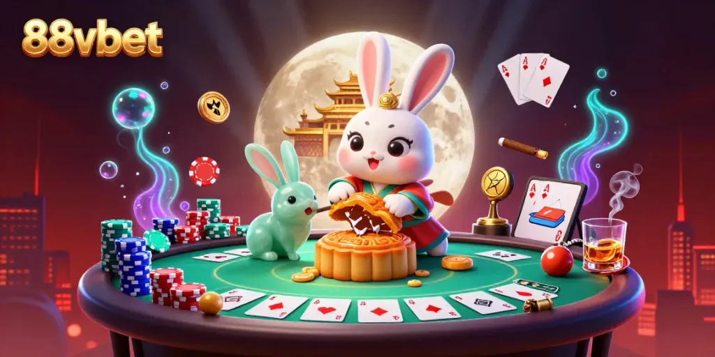 Enjoy the thrilling atmosphere of 88vbet with cartoon characters celebrating on the moon surrounded by poker elements.