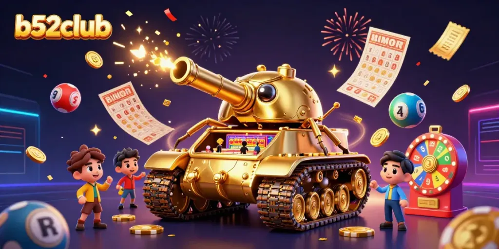 Experience fun at b52club with a dynamic casino illustration featuring vibrant games and celebratory elements.