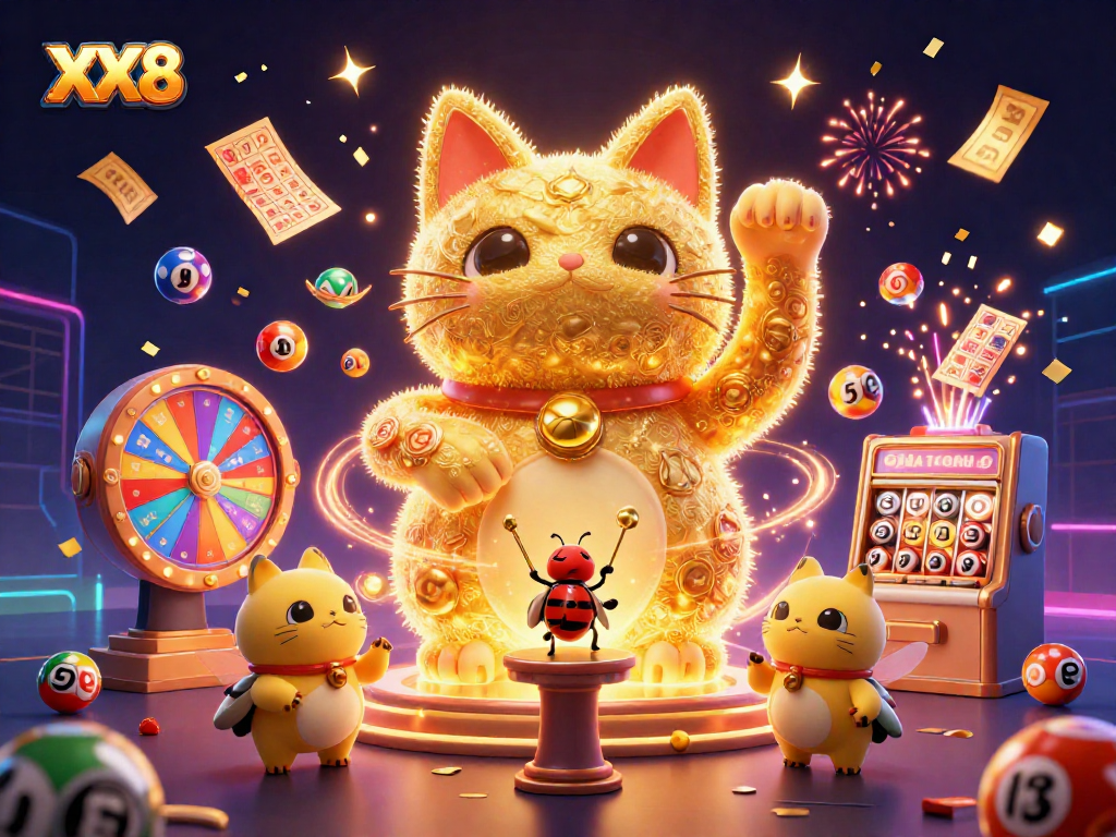 Engage with thrilling XX8 casino action featuring a vibrant lucky cat and lottery elements.