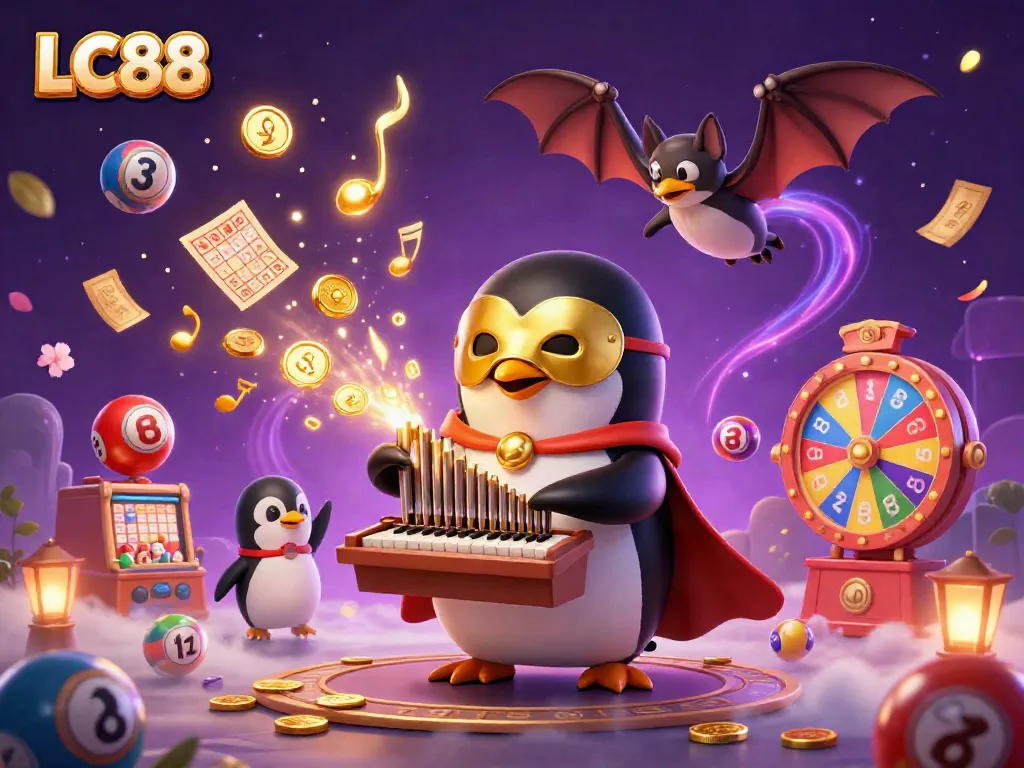 Experience the thrill of LC88 with vibrant lottery elements and a mischievous casino penguin.