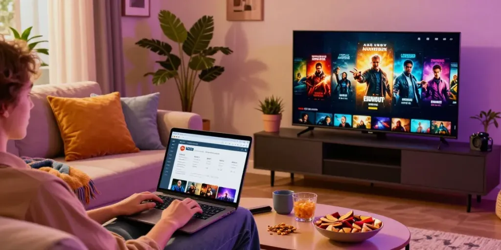 Cozy living room with a person streaming from mymovieboxproapp.com/moviebox-pro-for-pc/ on a laptop, enjoying movies.