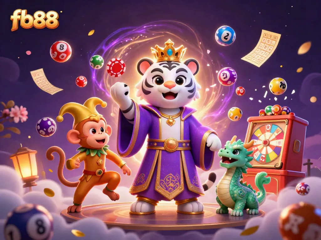 Experience excitement at fb88 with a majestic white tiger and a jester monkey, enveloped in a festive atmosphere.