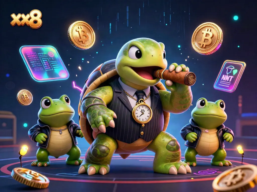 Experience thrilling moments at xx8 with a vibrant casino scene showcasing a snapping turtle in a mobster suit.