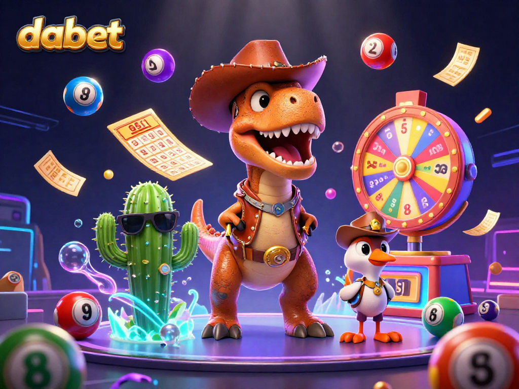 Engaging 3D cartoon scene showcasing dabet with lively characters and lottery elements in a vibrant casino setting