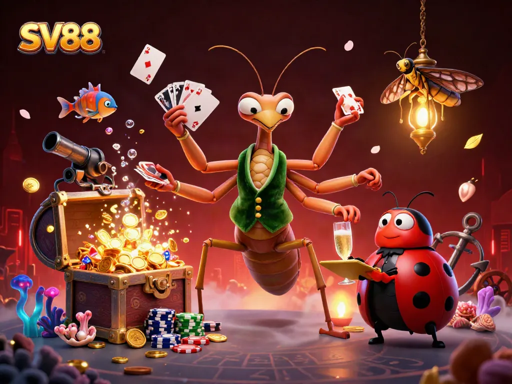 Feeling the thrill of SV88 with a giant mantis card sharp and a ladybug pit boss in an enchanting casino scene