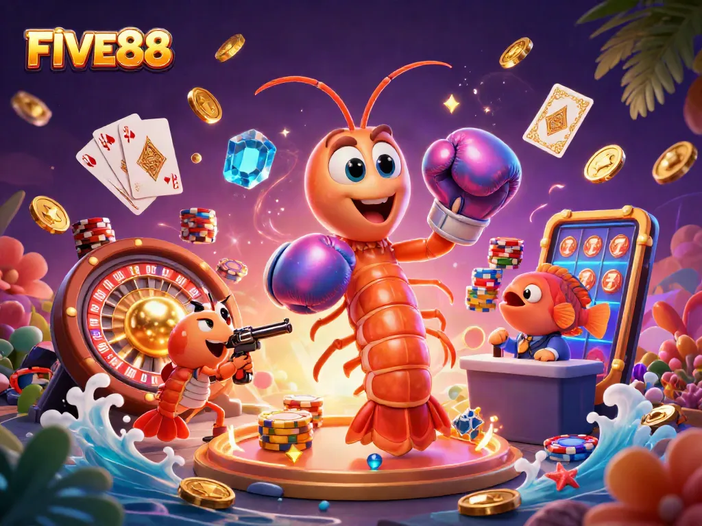 Join the excitement at FIVE88 with vibrant gaming characters, coins, and dynamic casino elements!