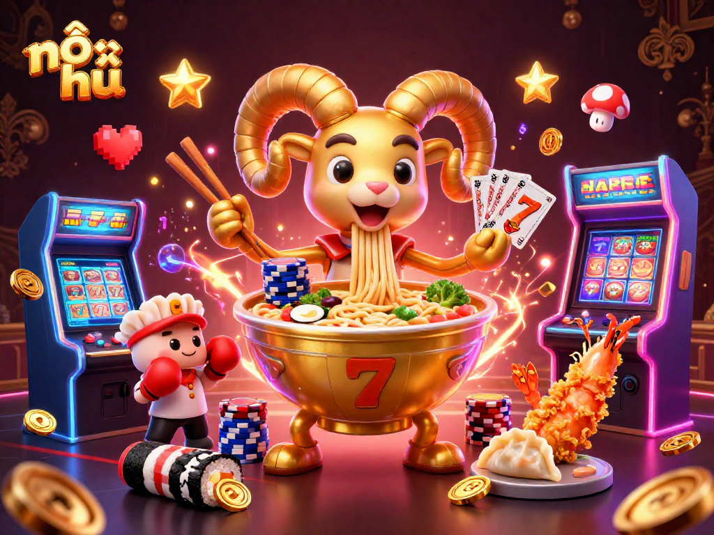 Engage with nổ hũ in a thrilling 3D scene featuring a golden ramen bowl character amidst dynamic casino elements.