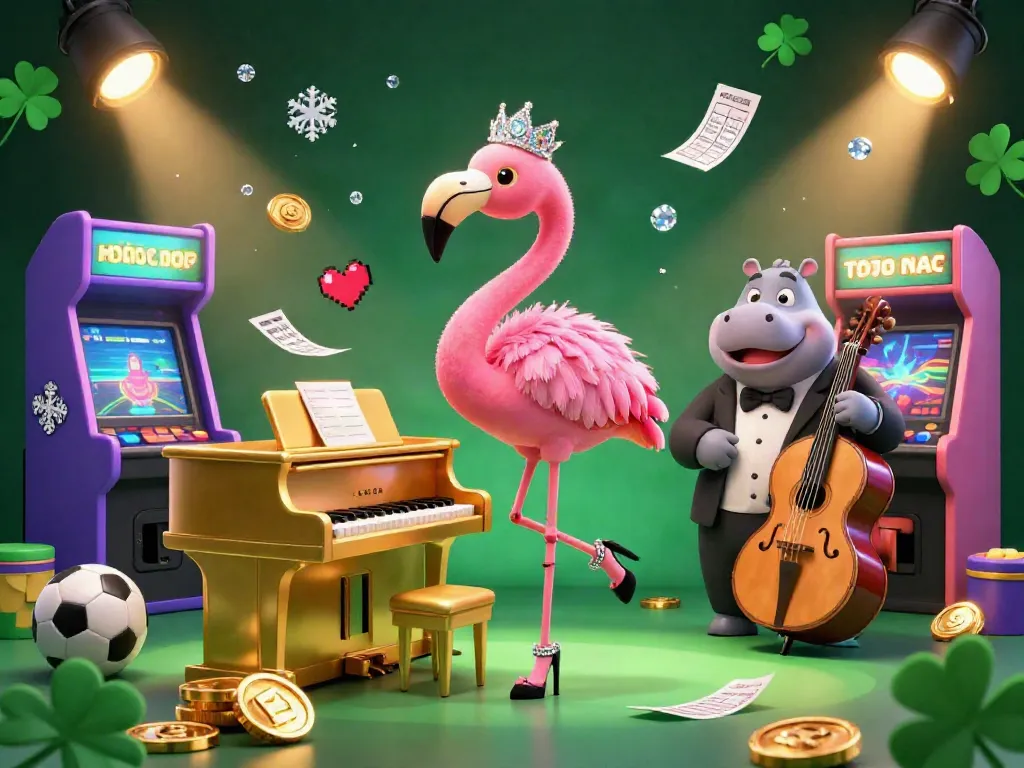 Experience Trực tiếp bóng đá hôm nay with a vibrant sports betting scene featuring a flamingo singer, hippo bassist, and arcade games.