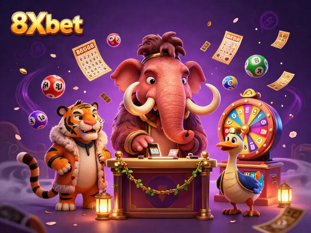 Join the fun at 8Xbet with a vibrant illustration showcasing a woolly mammoth bouncer and cartoon characters in a gaming atmosphere.