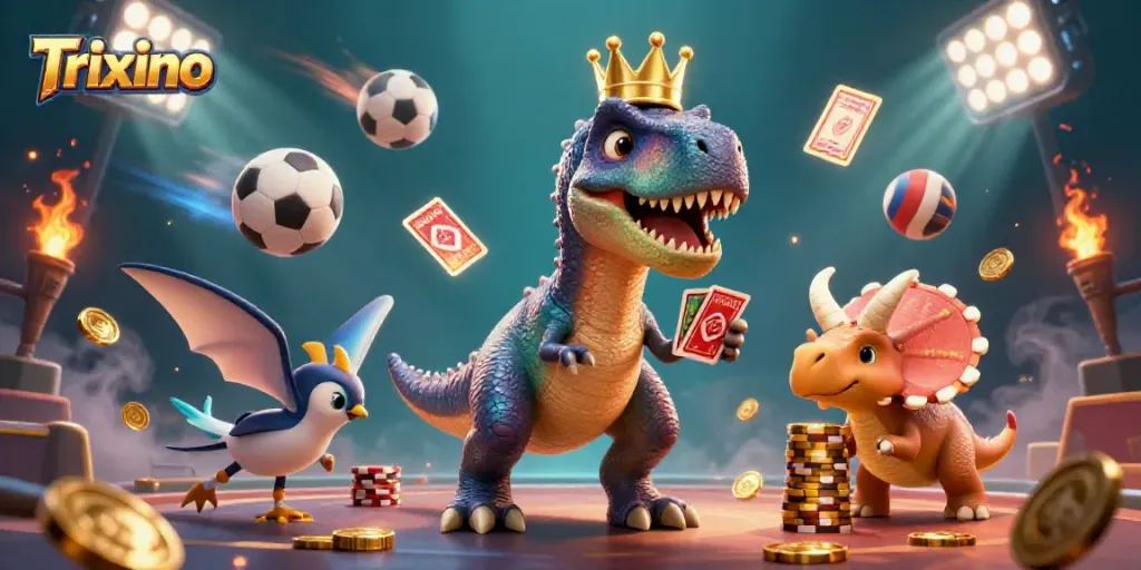 Trixino-themed illustration showing a cartoon T-Rex shuffling cards while a pterodactyl assists and a triceratops stacks chips.