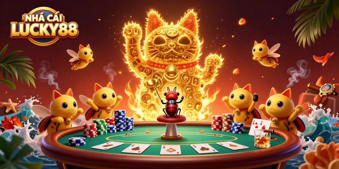 Experience the excitement of NHÀ CÁI LUCKY88 with a lively illustration of a lucky cat and poker elements.