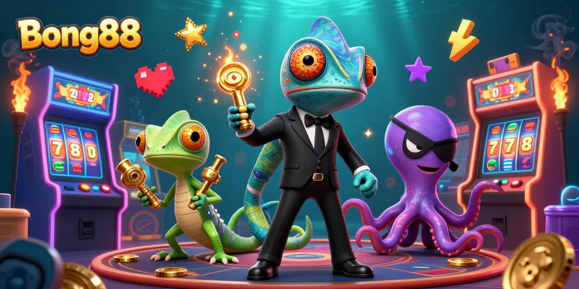 Bong88 showcases a thrilling gambling experience with a secret agent chameleon, gadgets, and casino machines.