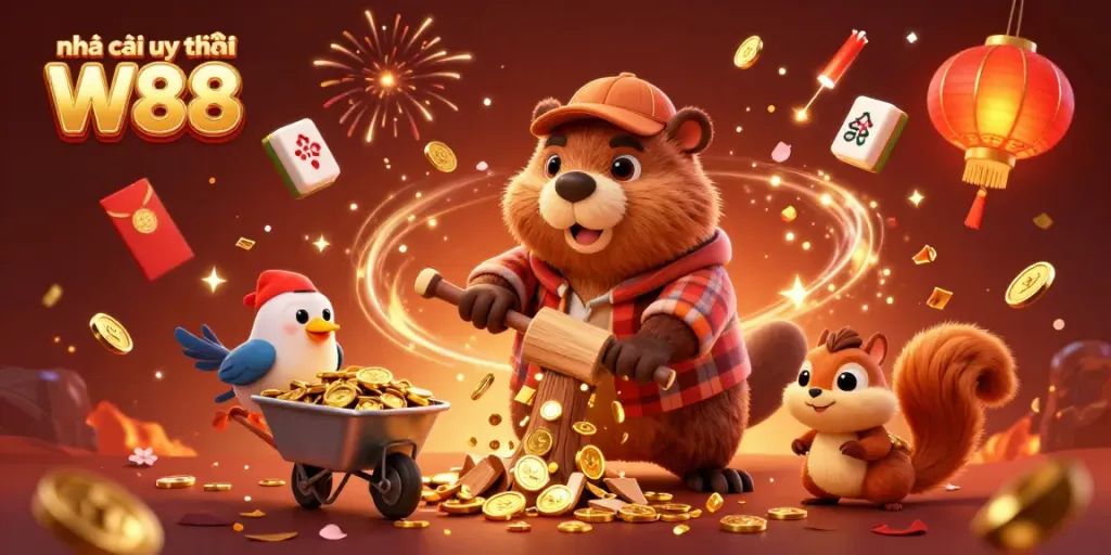 Experience the excitement of Nhà cái uy tín W88 with vibrant and engaging casino-themed characters and elements.