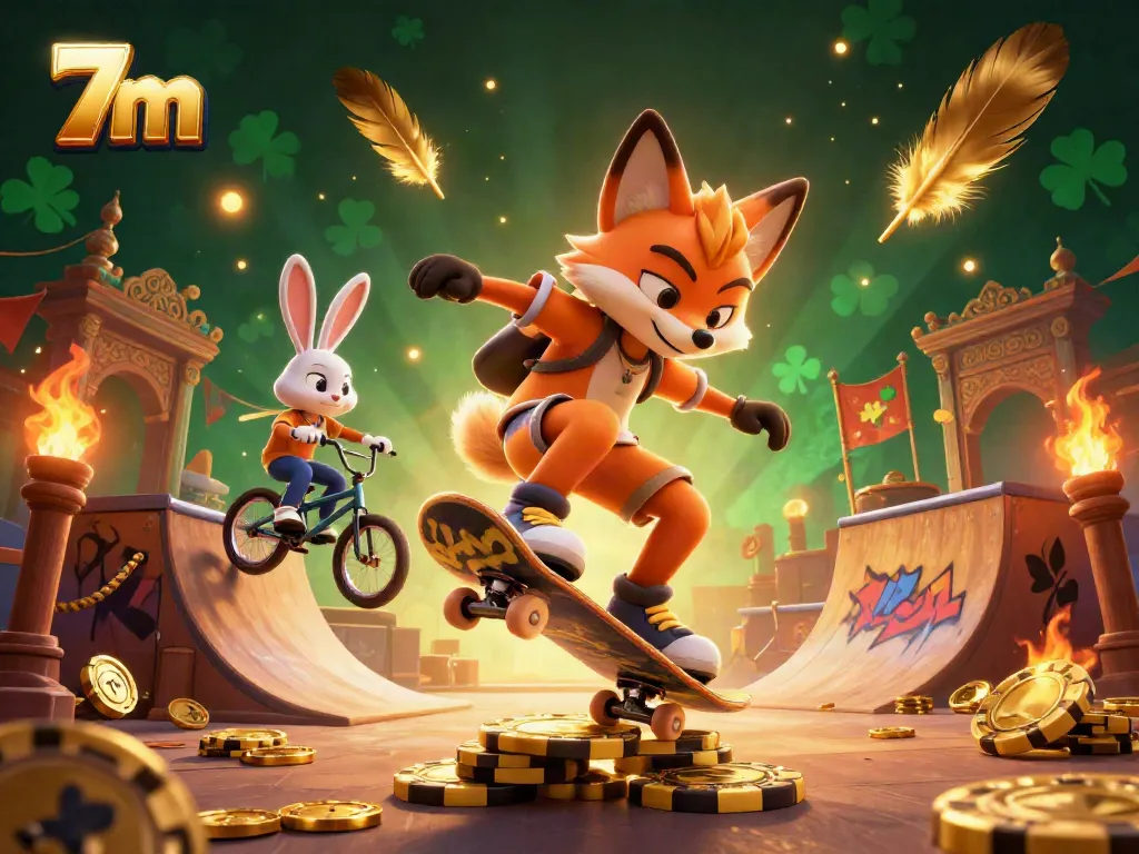 Experience thrilling action with the 7m scene featuring a fox skateboarding over poker chips.