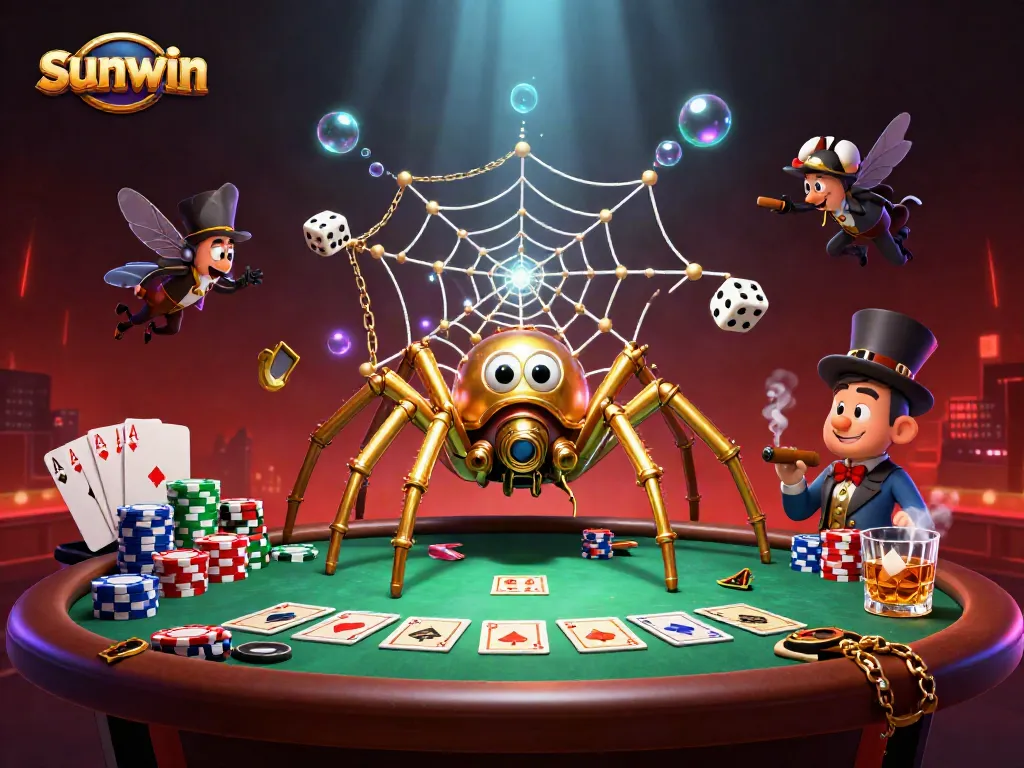 Engage with sunwin's captivating online casino scene featuring a whimsical spider and poker craftsmanship.