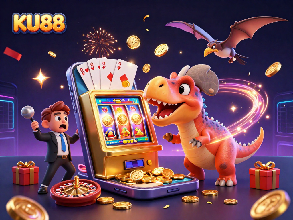KU88 players enjoying a jackpot win as a dinosaur interacts with a golden slot machine, celebrating with coins.