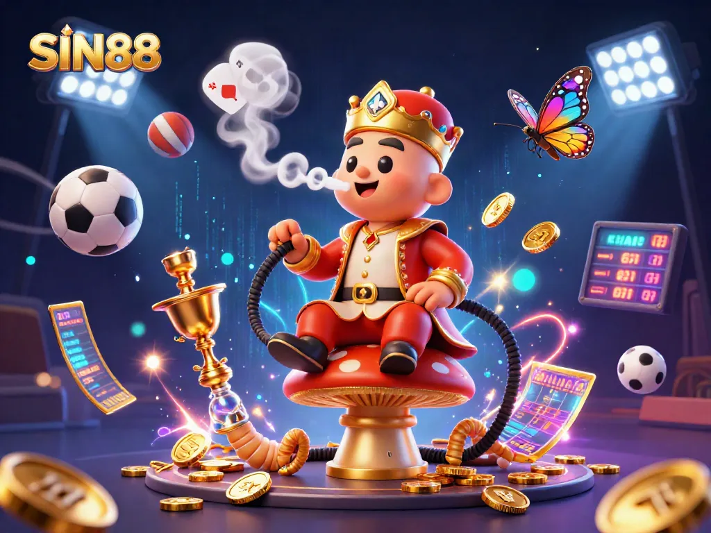 SIN88 engaging players with vibrant 3D illustration featuring casino elements and sports balls in a dynamic scene.