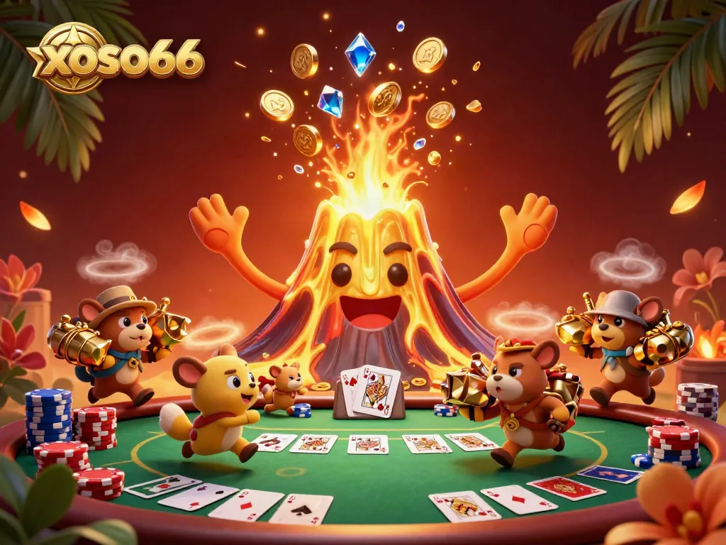 Experience the excitement of xoso66 with a golden volcano erupting and treasure-filled characters.