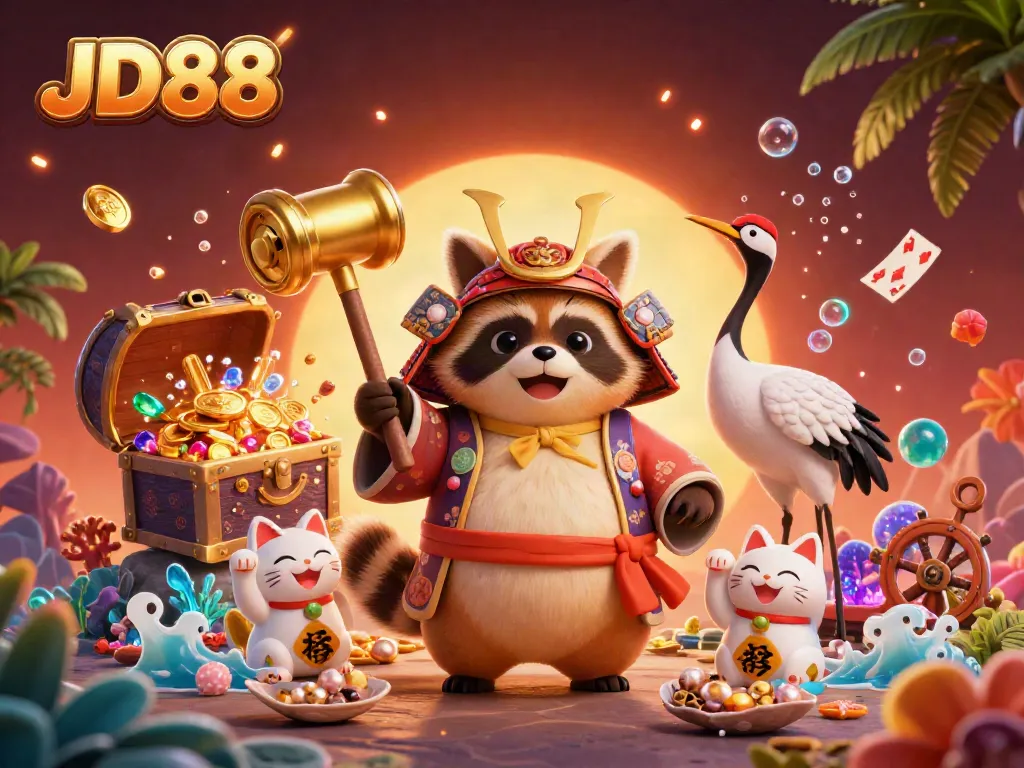 Experience JD88's vibrant casino excitement with a cheerful tanuki and colorful fortune cats.