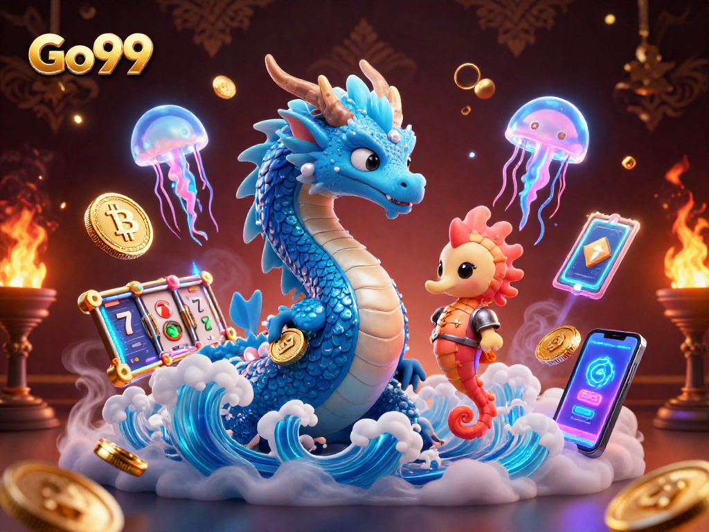 Engage with Go99's vibrant crypto casino scene featuring a water dragon and slot elements.