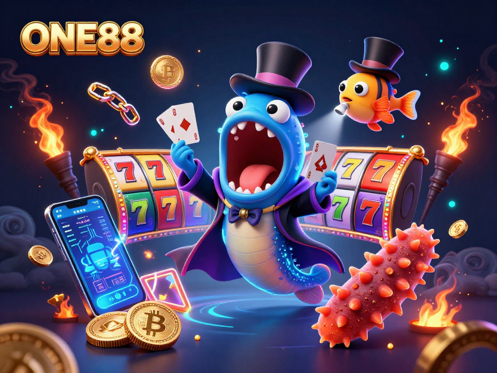 ONE88 showcases thrilling gameplay with a colorful energetic scene of underwater characters using slots and crypto elements.