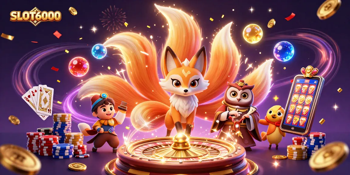 Experience SLOT6000 with vibrant spirit illustrations and dynamic casino game elements, showcasing the excitement of online gaming.