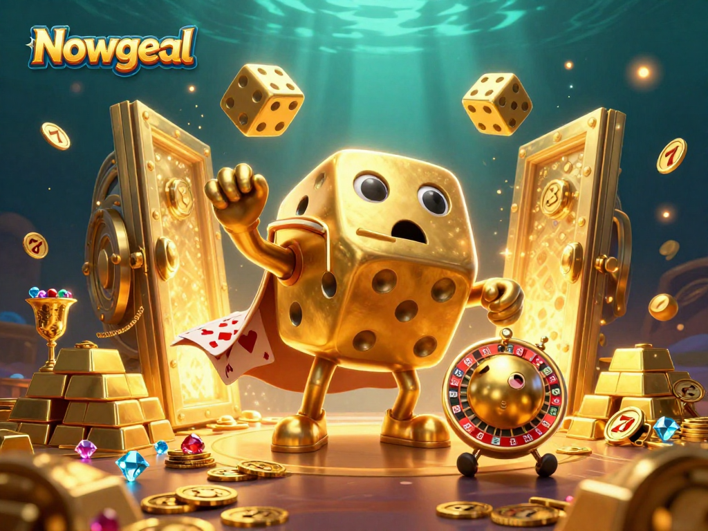 Experience winning strategies at Nowgoal with vibrant casino elements and dynamic golden characters.