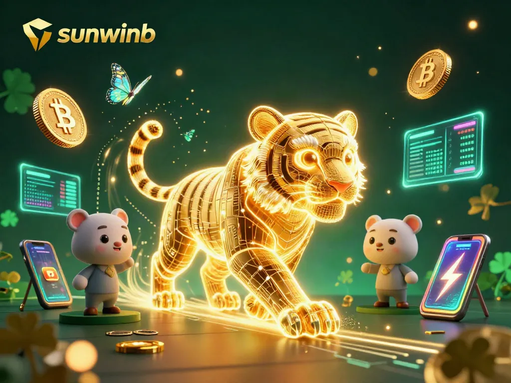 Experience the thrill at sunwinb with a neon-wireframe tiger in a vibrant digital casino landscape.