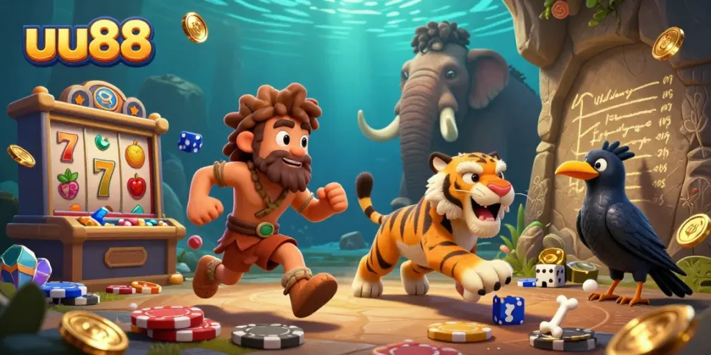 Experience uu88’s thrilling slots in a vibrant prehistoric casino scene with charming cartoon characters.