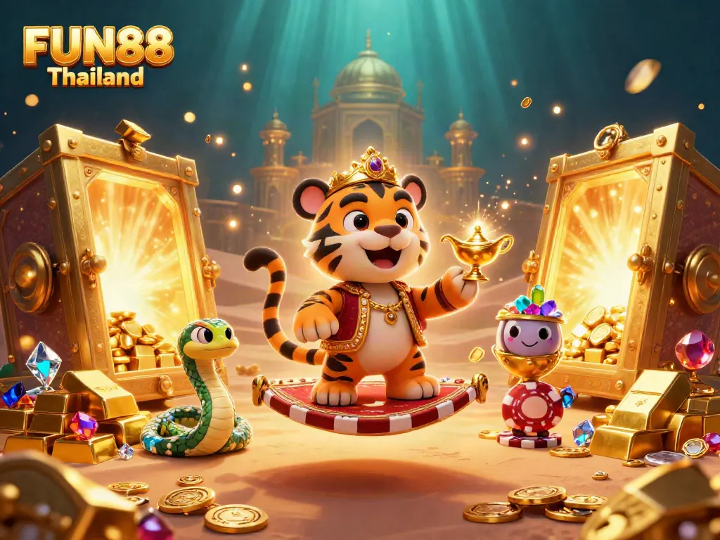 Experience the thrill of FUN88 Thailand with a vibrant 3D illustration of gambling adventure and fortune.