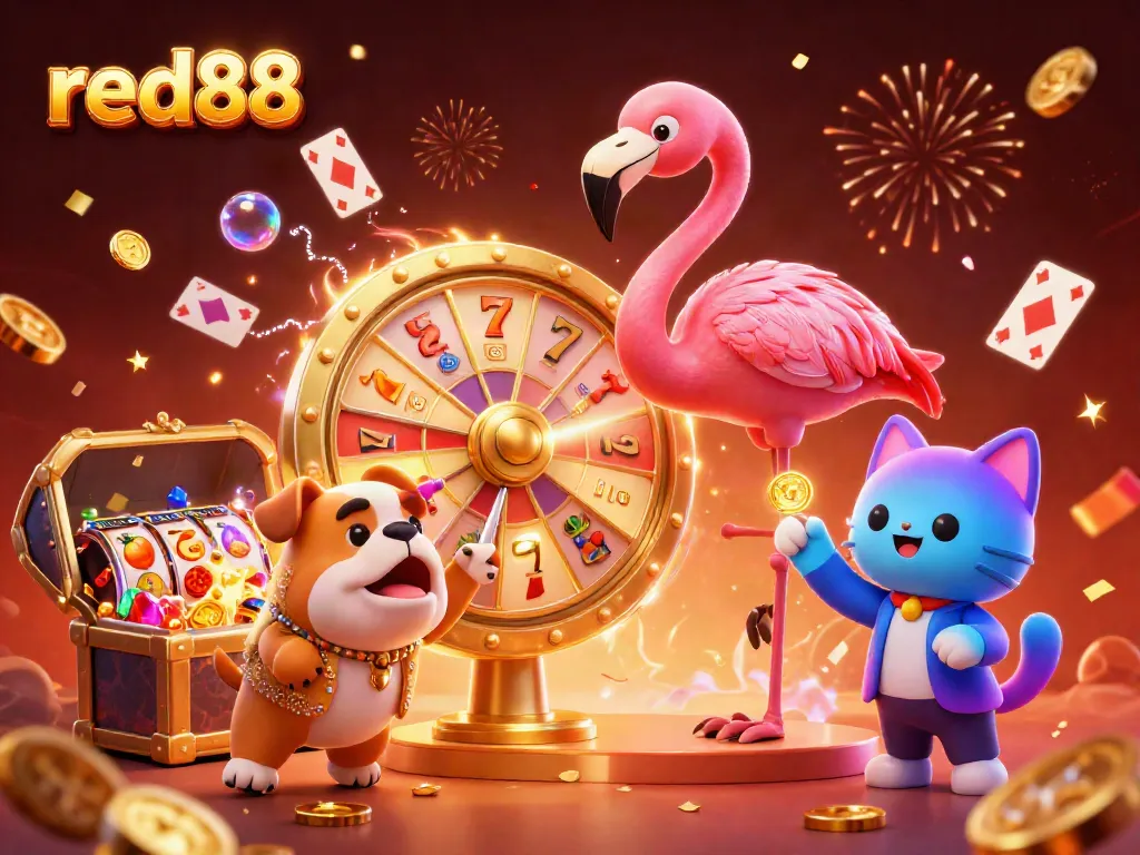 Experience the excitement at red88 with a lively casino scene featuring colorful prizes and a dynamic game show atmosphere.