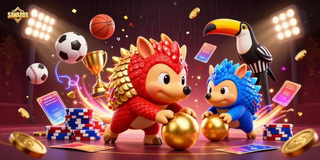 Experience the excitement of SAWA888 as rival pangolins roll through casino elements while a toucan referee supervises.