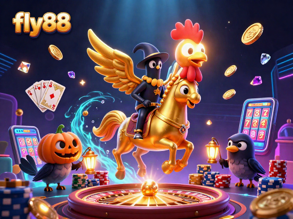 Experience the enchanting fly88 casino with a magical golden rooster riding a spectral horse amidst dazzling games.