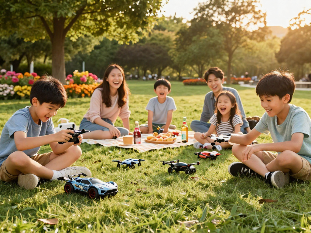 Enjoying remote control hobbies with ROKOK88 vehicles in a lively park setting.