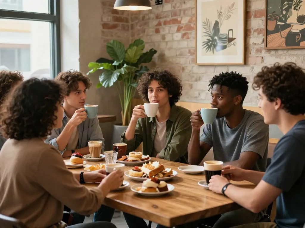 A lively gathering of friends at a café, showcasing rokok88's community spirit through warm interactions and drinks.