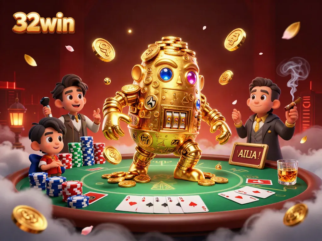 Engage with 32win's immersive gaming experience featuring a golden golem and dynamic poker atmosphere.
