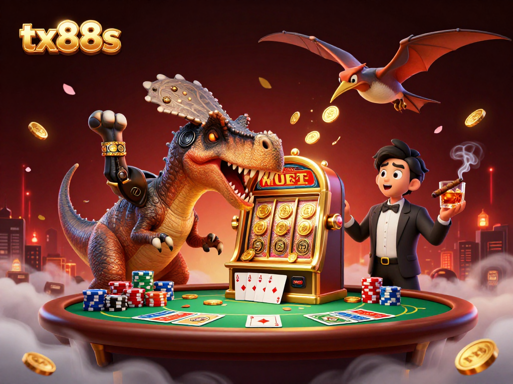 Experience tx88s as a 3D cartoon pachycephalosaurus hits a slot machine, coins flying everywhere!