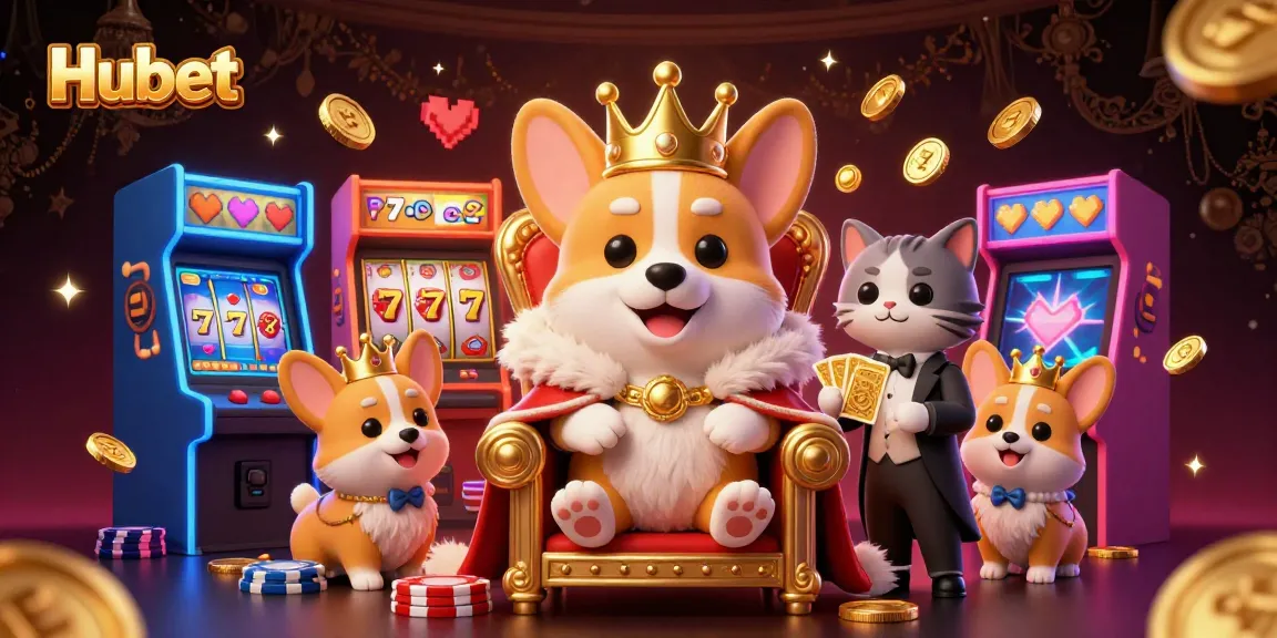 Engage with Hubet's vibrant casino world featuring a royal corgi on poker chips amidst lively game elements.