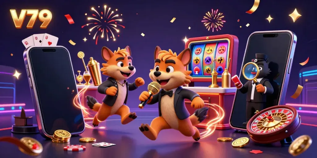 V79 hyenas in a lively casino, comedian, bartender, and bouncer interact amid games and vibrant confetti.