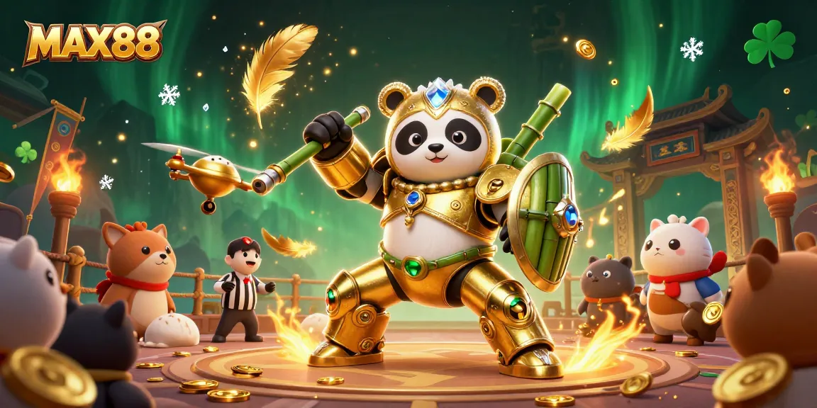 MAX88 gaming scene showcasing a golden panda piloting a bamboo robot amidst a vibrant casino arena.