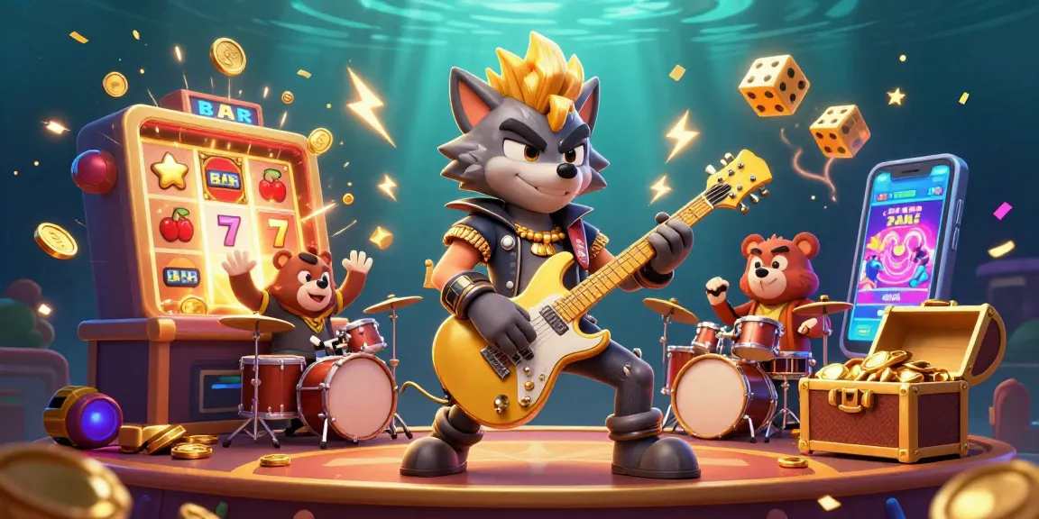 Experience the thrill of 90 phut with a rock star wolf and golden jackpot elements lighting up the casino stage.