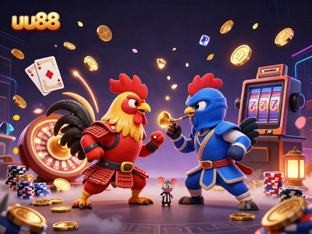 Experience an epic showdown in uu88 with cartoon roosters battling amid swirling casino elements.